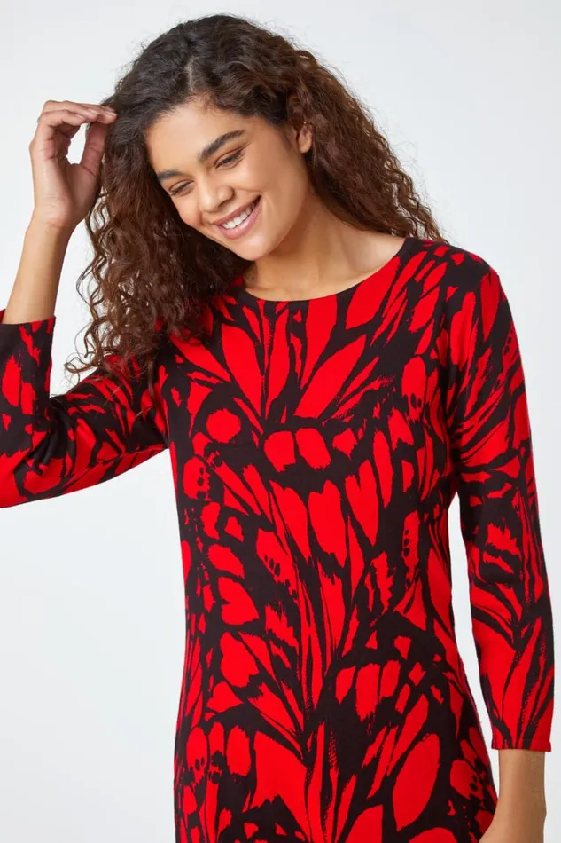 Red Butterfly Print Knitted Stretch Dress Women Roman Dresses