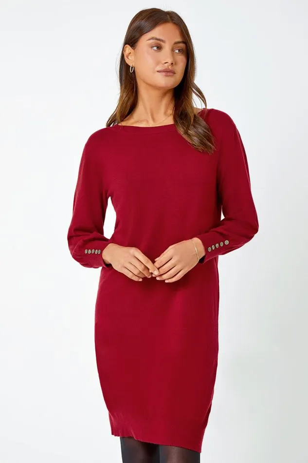 Red Button Detail Knitted Jumper Dress Women Roman Dresses