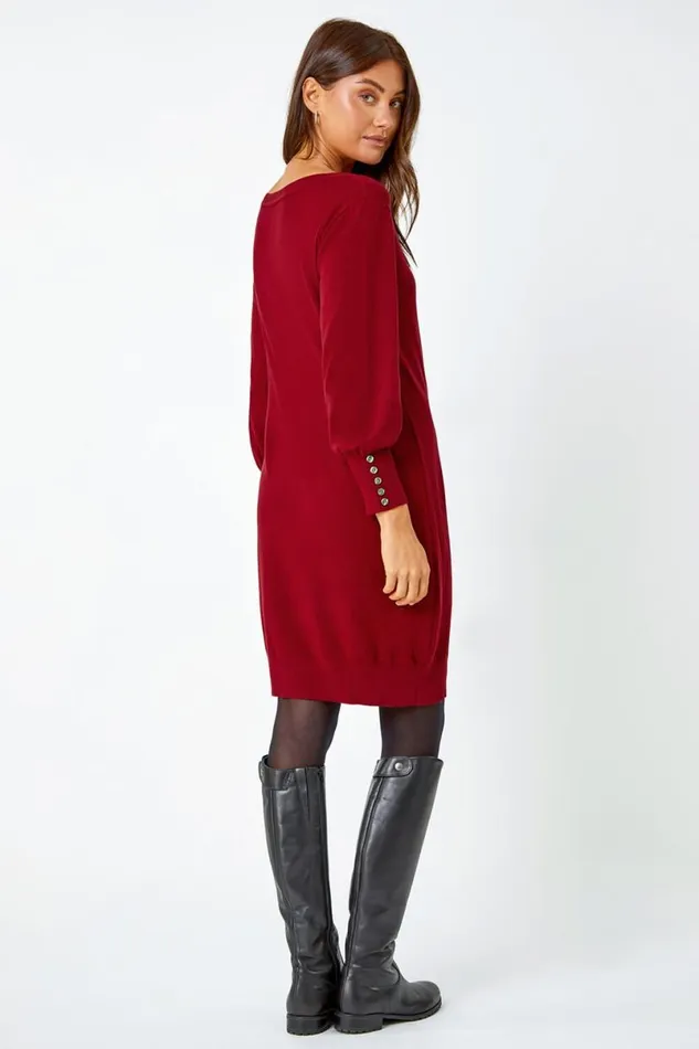 Red Button Detail Knitted Jumper Dress Women Roman Dresses