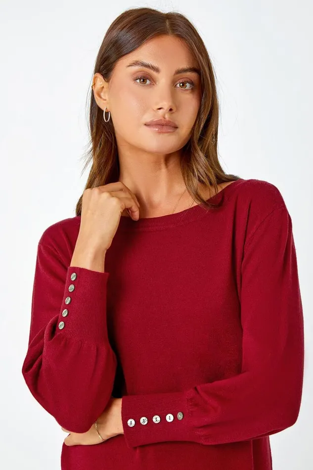 Red Button Detail Knitted Jumper Dress Women Roman Dresses