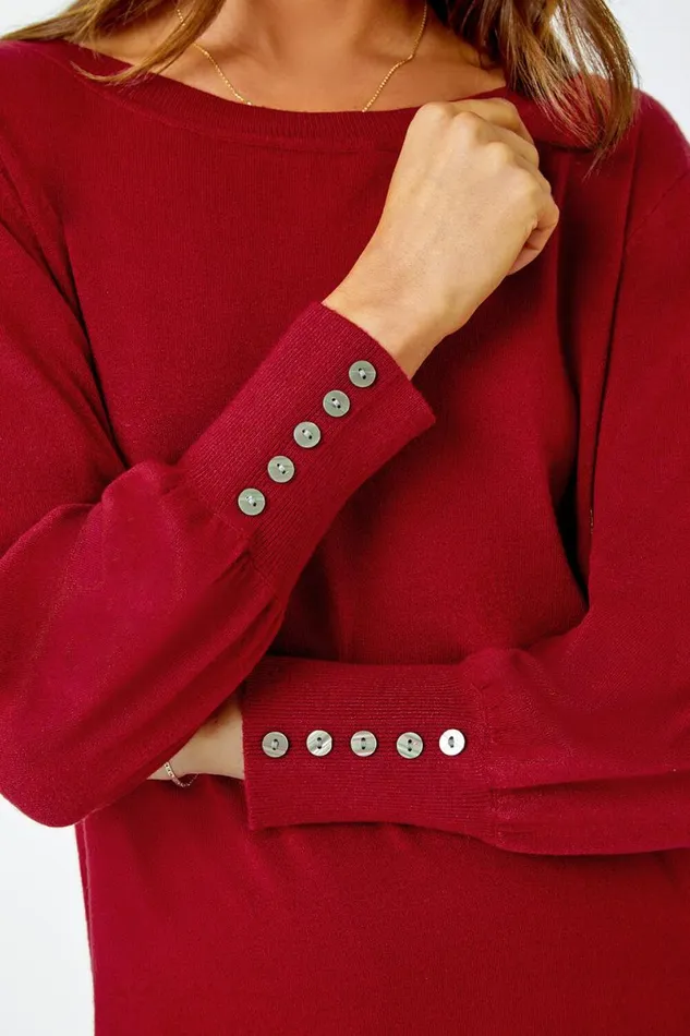Red Button Detail Knitted Jumper Dress Women Roman Dresses