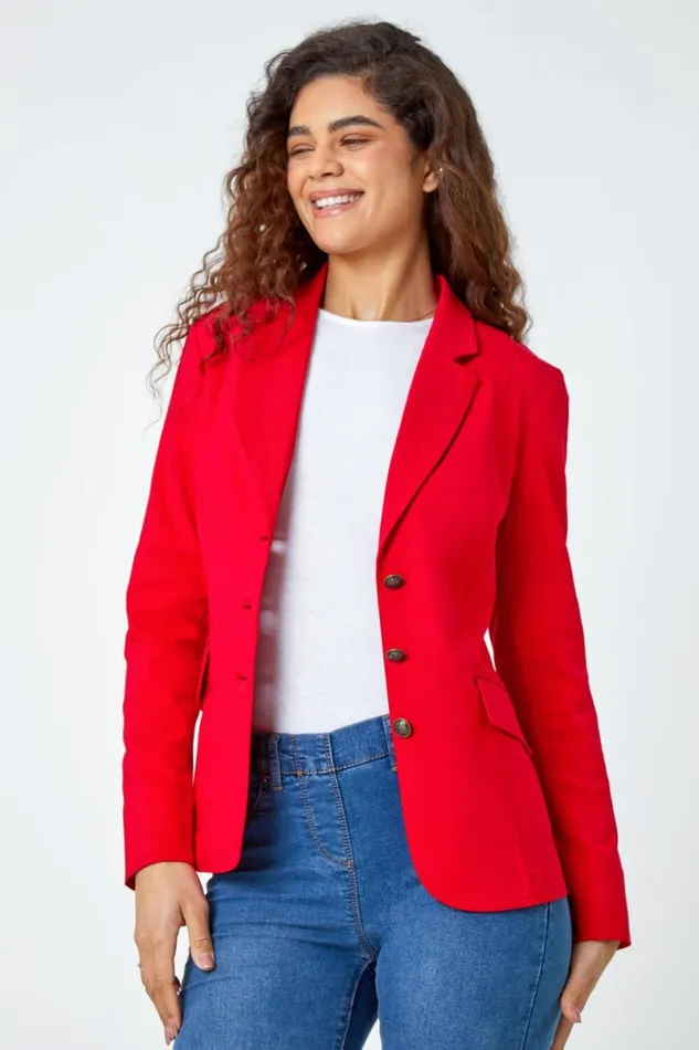Red Button Detail Stretch Blazer Women Roman Jackets