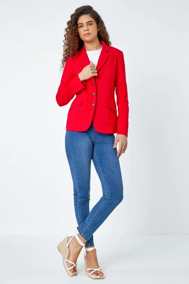 Red Button Detail Stretch Blazer Women Roman Jackets
