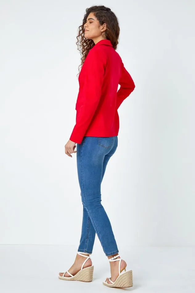 Red Button Detail Stretch Blazer Women Roman Jackets