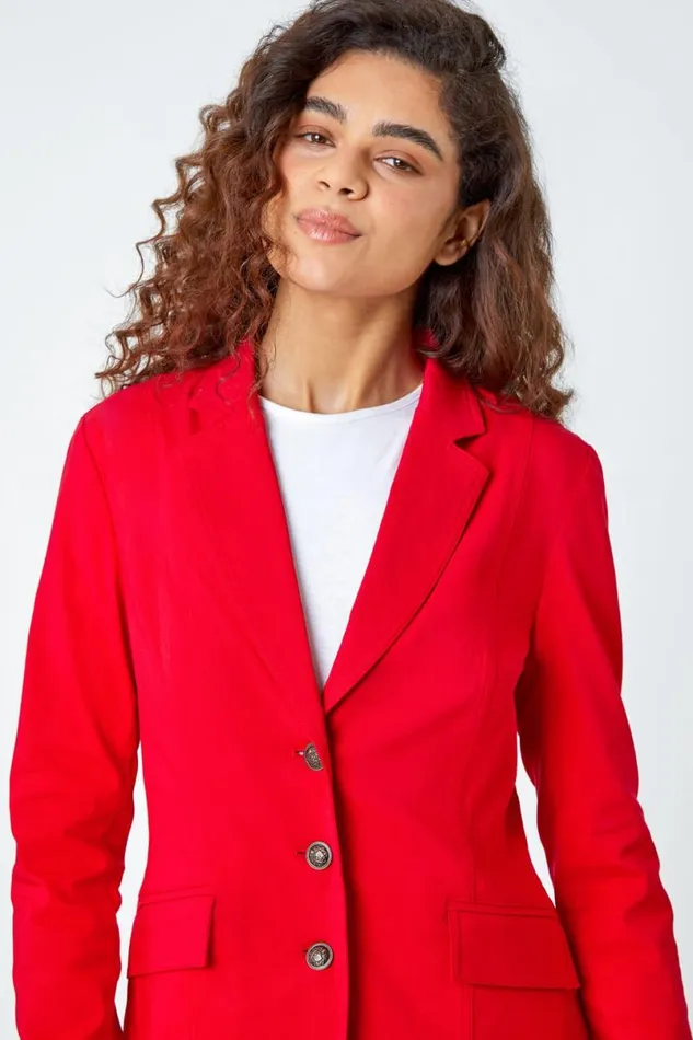 Red Button Detail Stretch Blazer Women Roman Jackets