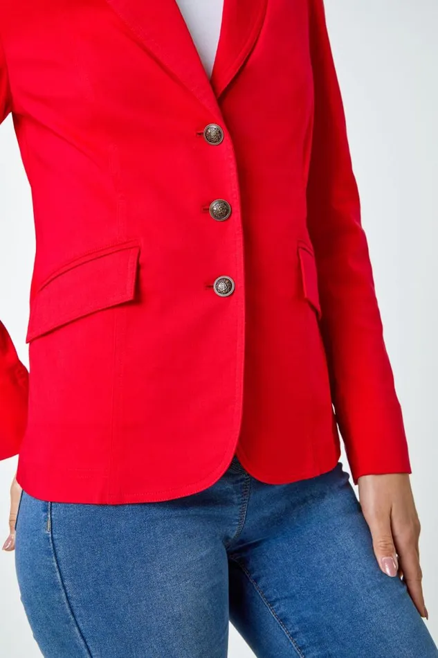 Red Button Detail Stretch Blazer Women Roman Jackets