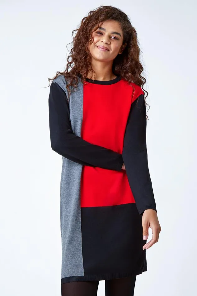 Red Colour Block Knitted Jumper Dress Women Roman Dresses