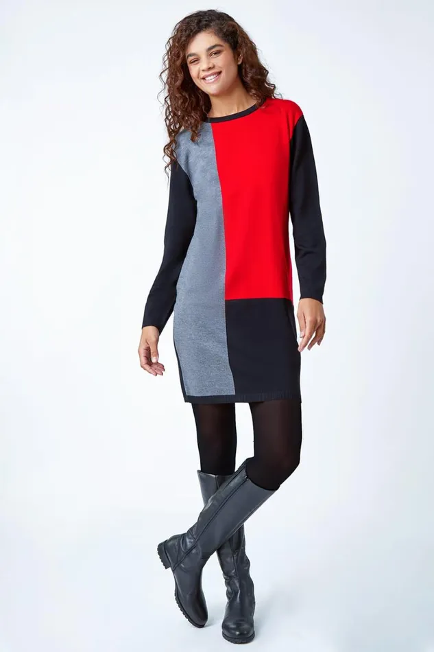 Red Colour Block Knitted Jumper Dress Women Roman Dresses