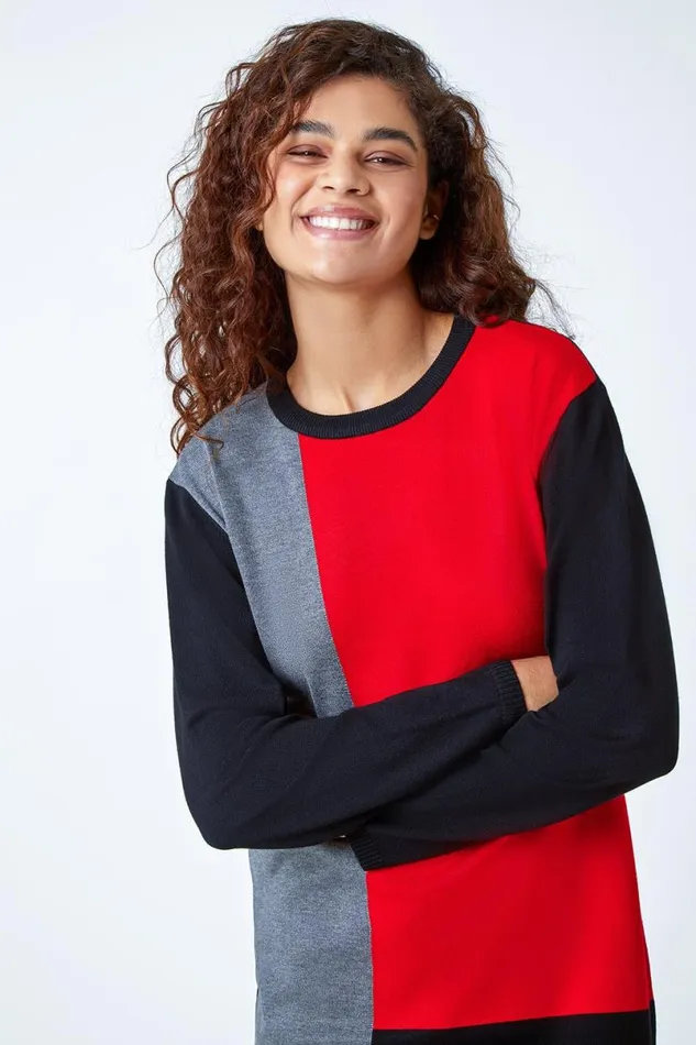 Red Colour Block Knitted Jumper Dress Women Roman Dresses