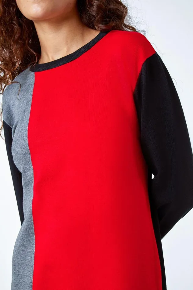 Red Colour Block Knitted Jumper Dress Women Roman Dresses