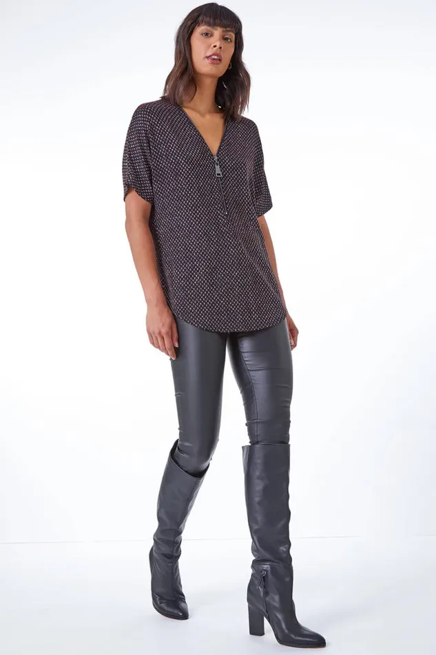 Red Diamond Print Glitter VNeck Zip Front Top Women Roman Tops