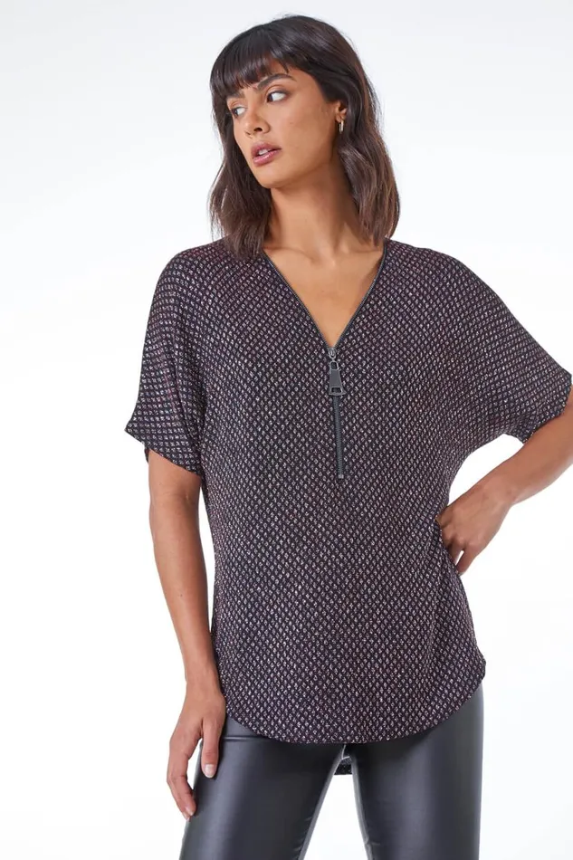 Red Diamond Print Glitter VNeck Zip Front Top Women Roman Tops