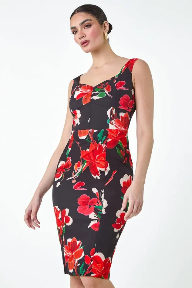 Red Floral Corset Detail Stretch Dress Women Roman Dresses