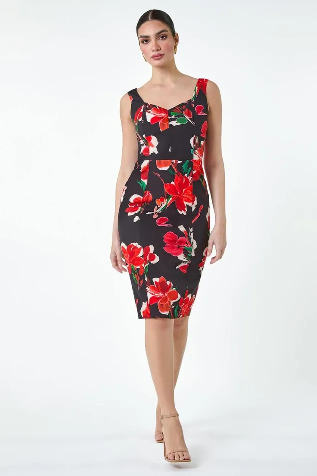 Red Floral Corset Detail Stretch Dress Women Roman Dresses