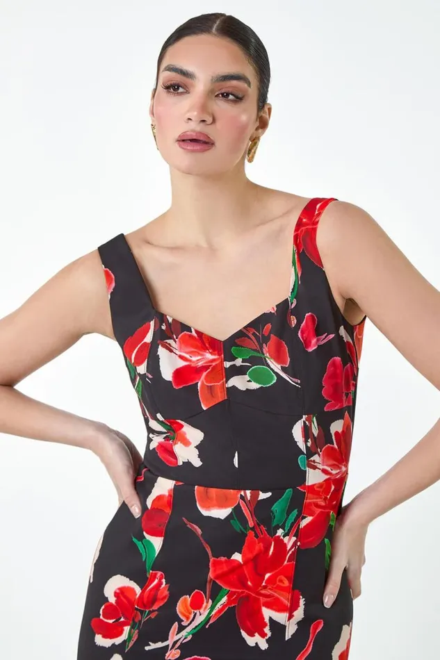 Red Floral Corset Detail Stretch Dress Women Roman Dresses