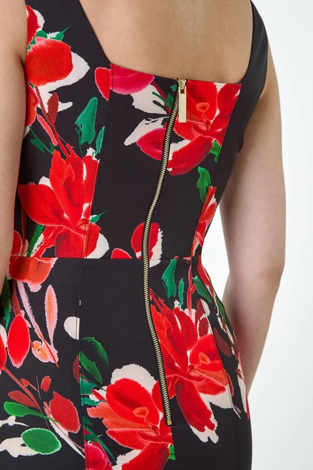 Red Floral Corset Detail Stretch Dress Women Roman Dresses