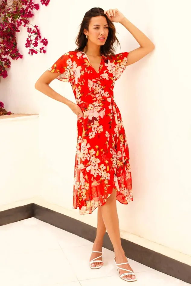 Red Floral Print Chiffon Wrap Dress Women Roman Dresses