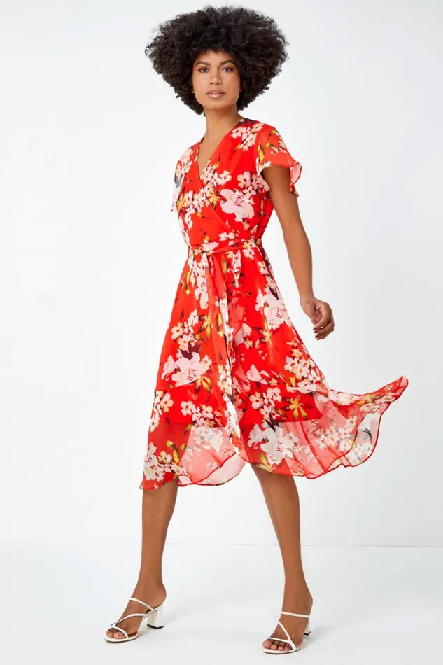 Red Floral Print Chiffon Wrap Dress Women Roman Dresses