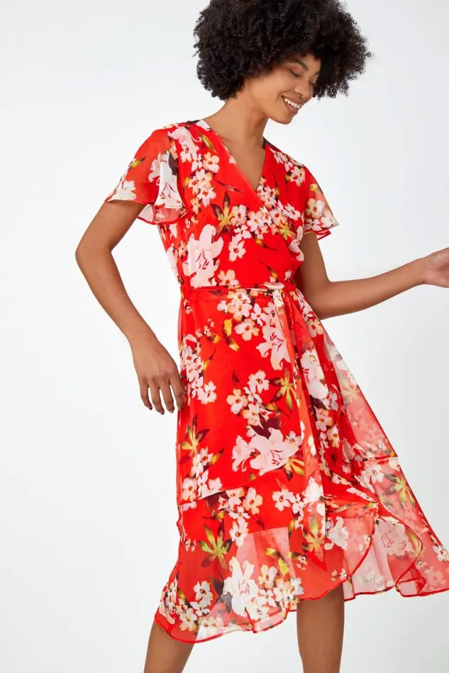 Red Floral Print Chiffon Wrap Dress Women Roman Dresses
