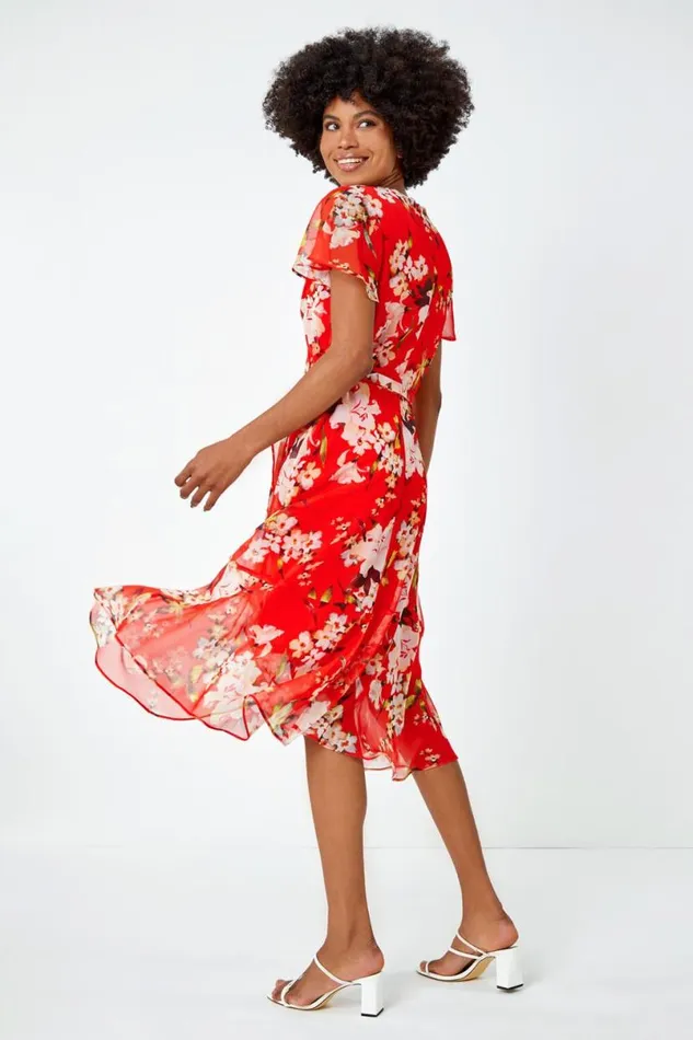 Red Floral Print Chiffon Wrap Dress Women Roman Dresses
