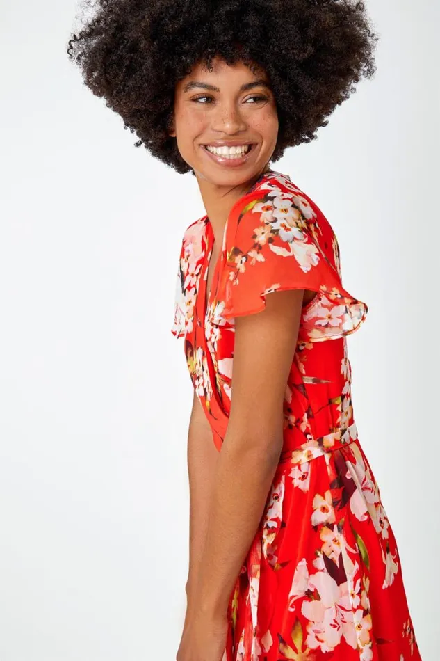 Red Floral Print Chiffon Wrap Dress Women Roman Dresses