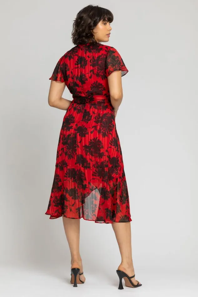 Red Floral Print Chiffon Wrap Midi Dress Women Roman Dresses