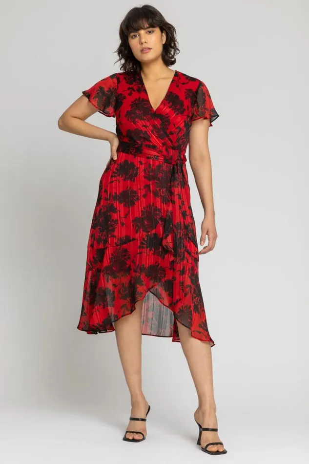 Red Floral Print Chiffon Wrap Midi Dress Women Roman Dresses