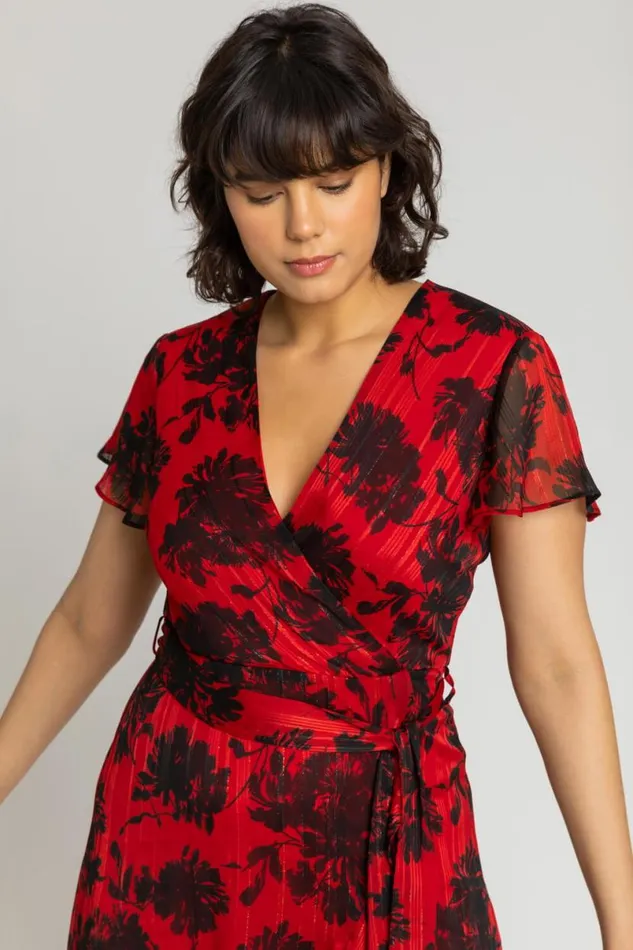 Red Floral Print Chiffon Wrap Midi Dress Women Roman Dresses
