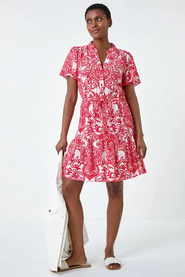 Red Floral Print Frill Hem Shirt Dress Women Roman Dresses