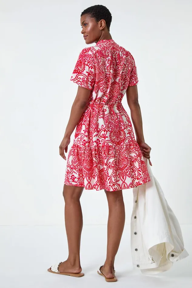 Red Floral Print Frill Hem Shirt Dress Women Roman Dresses