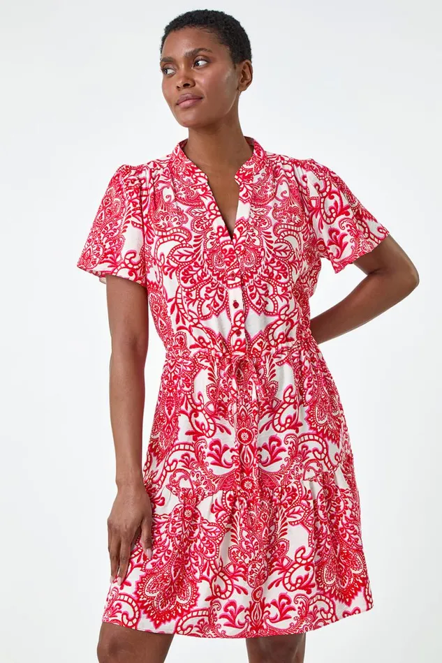 Red Floral Print Frill Hem Shirt Dress Women Roman Dresses
