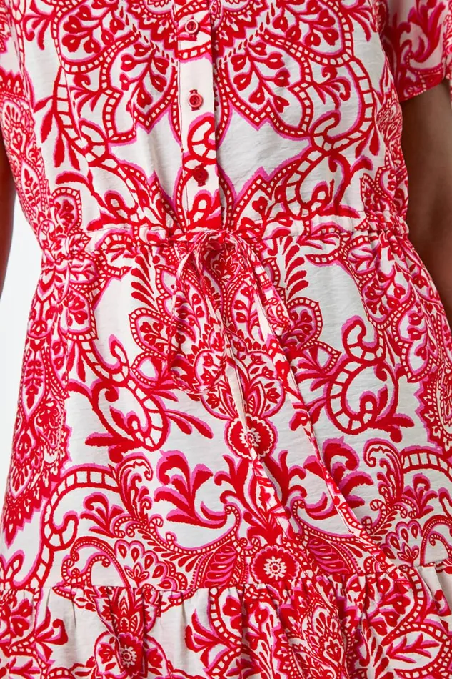 Red Floral Print Frill Hem Shirt Dress Women Roman Dresses