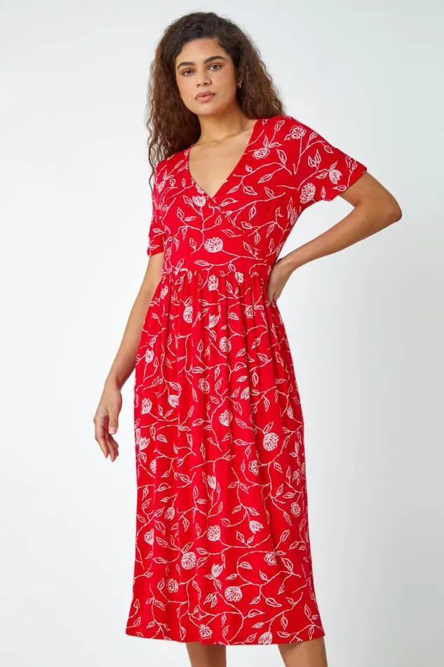 Red Floral Print Midi Wrap Stretch Dress Women Roman Dresses