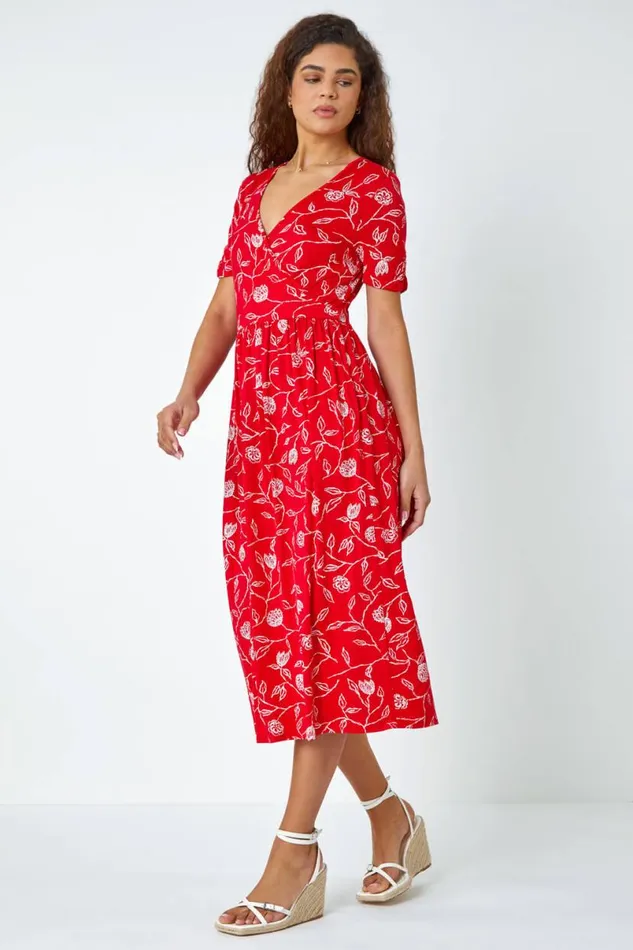 Red Floral Print Midi Wrap Stretch Dress Women Roman Dresses