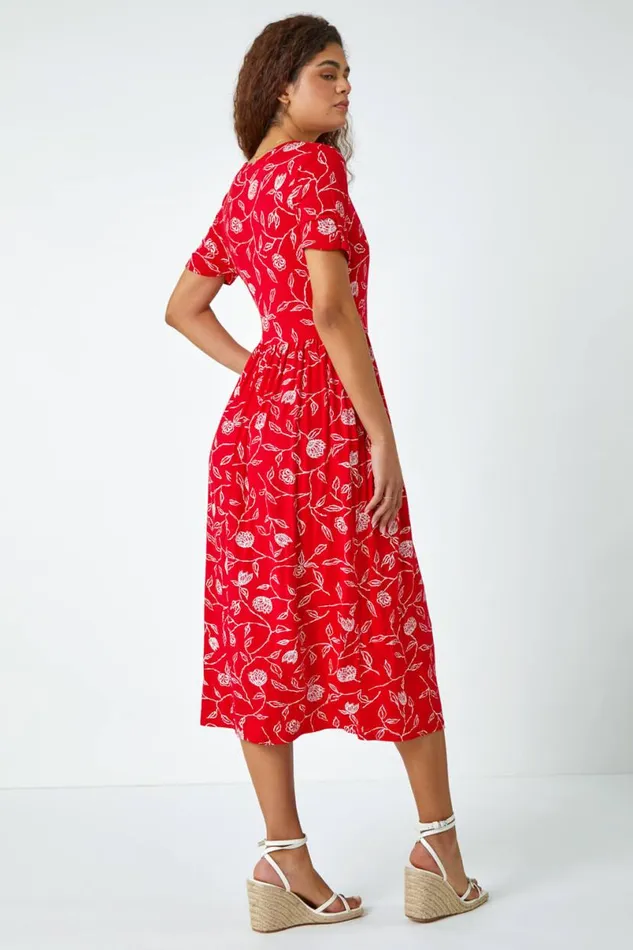 Red Floral Print Midi Wrap Stretch Dress Women Roman Dresses