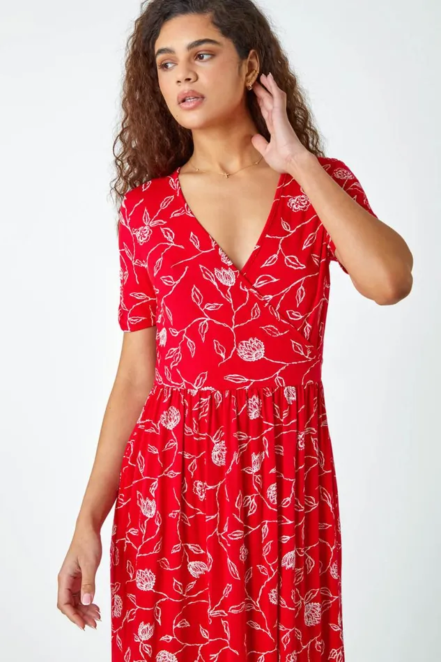 Red Floral Print Midi Wrap Stretch Dress Women Roman Dresses