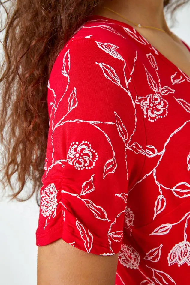 Red Floral Print Midi Wrap Stretch Dress Women Roman Dresses