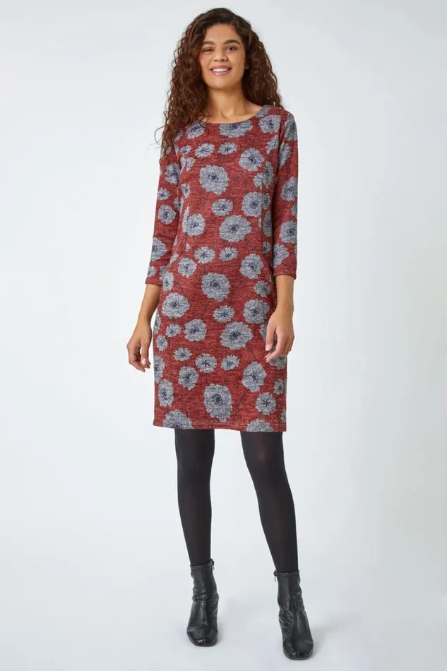 Red Floral Print Pocket Shift Dress Women Roman Dresses