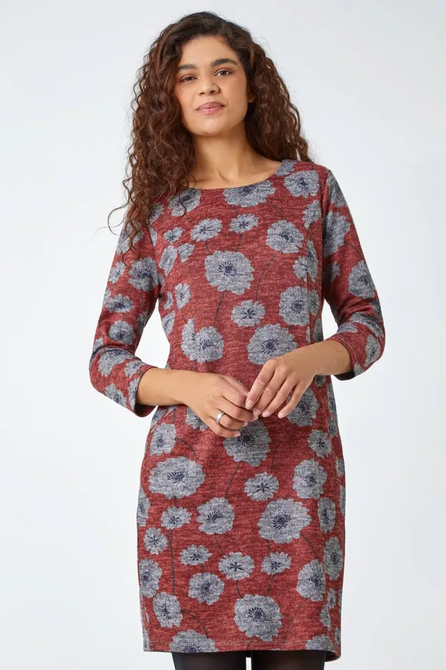 Red Floral Print Pocket Shift Dress Women Roman Dresses