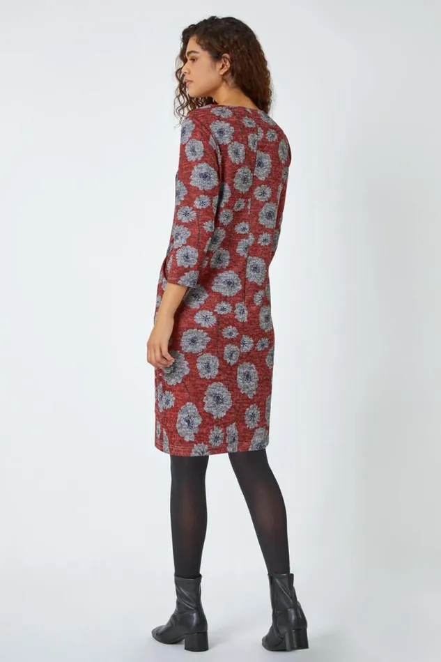 Red Floral Print Pocket Shift Dress Women Roman Dresses