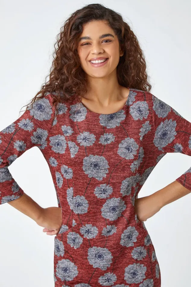 Red Floral Print Pocket Shift Dress Women Roman Dresses
