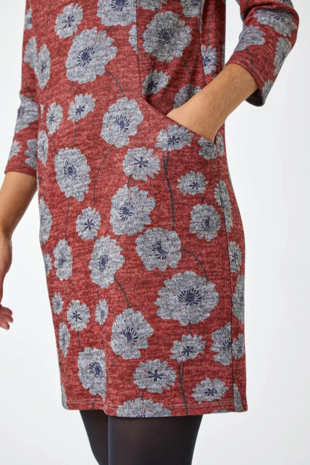 Red Floral Print Pocket Shift Dress Women Roman Dresses