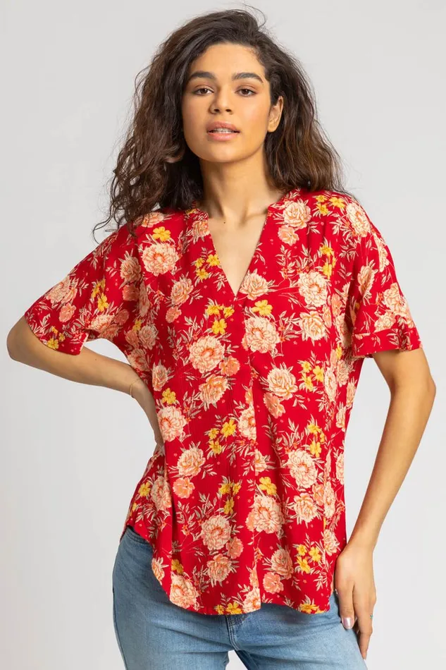 Red Floral Print Textured VNeck Top Women Roman Tops