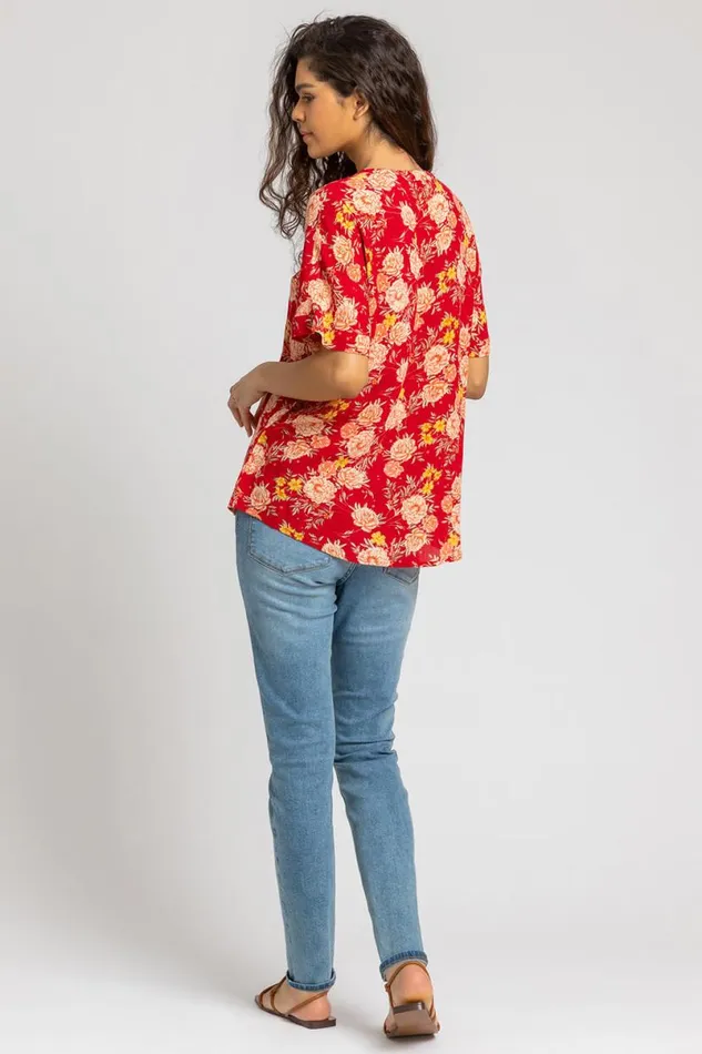 Red Floral Print Textured VNeck Top Women Roman Tops