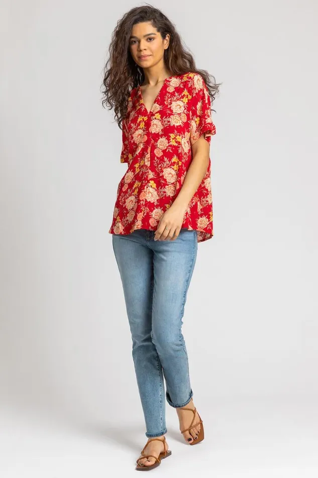 Red Floral Print Textured VNeck Top Women Roman Tops