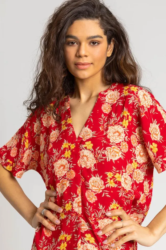 Red Floral Print Textured VNeck Top Women Roman Tops