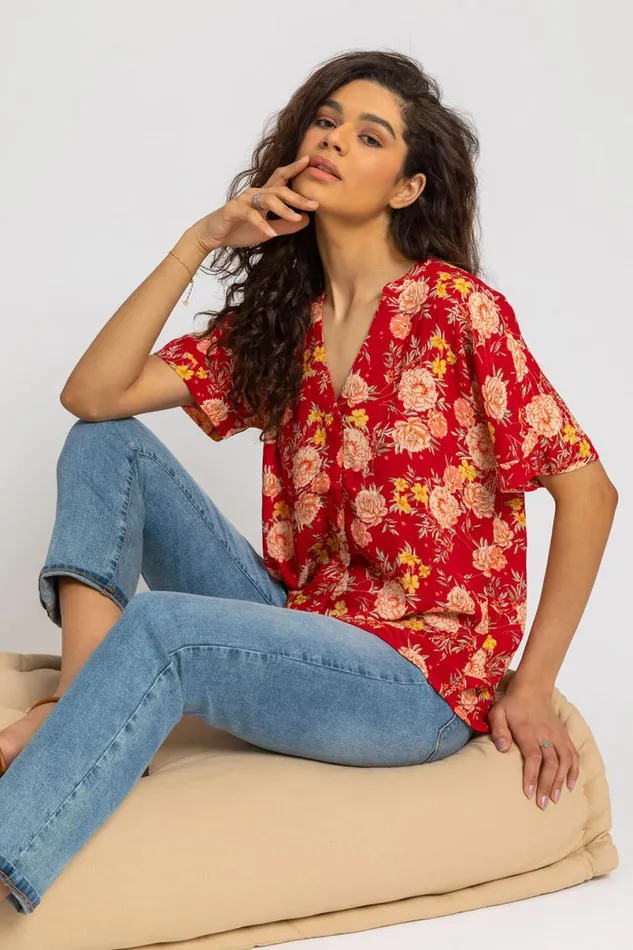 Red Floral Print Textured VNeck Top Women Roman Tops