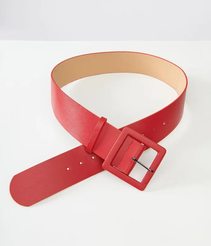 Red Leatherette Wide Square Belt Accessories Unique Vintage Belts