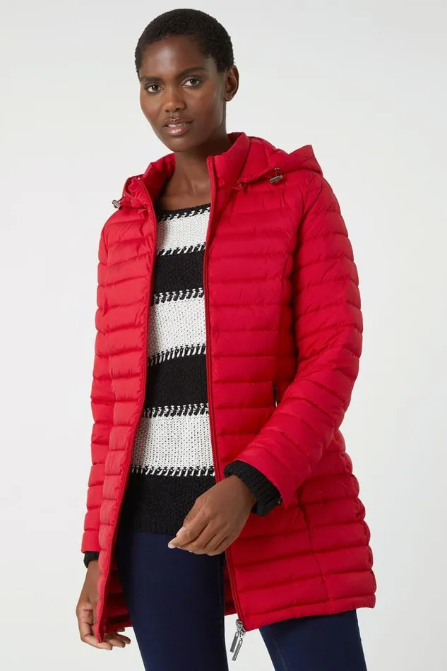 Red Longline Hooded Padded Coat Women Roman Coats