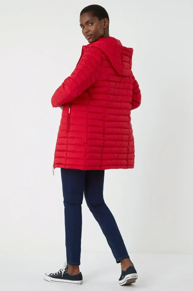 Red Longline Hooded Padded Coat Women Roman Coats